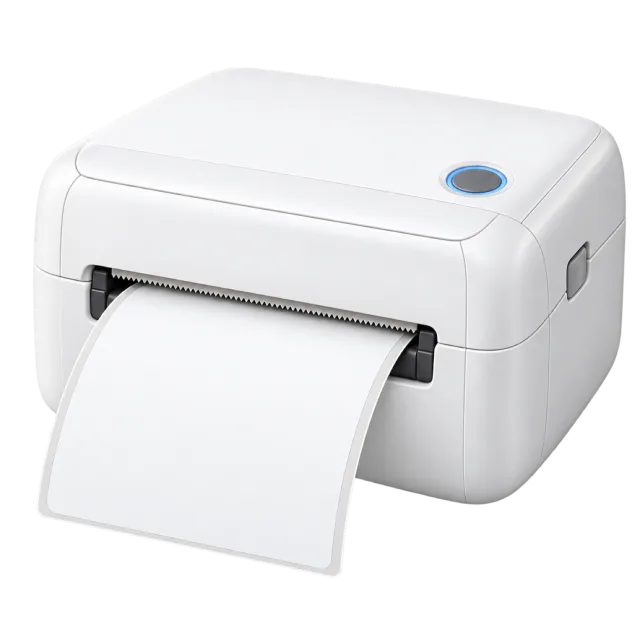 A small white label printer feeds a blank label