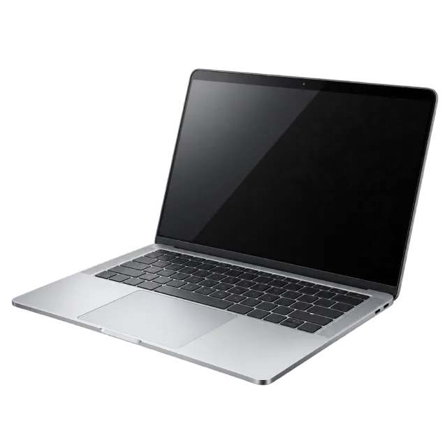 An open silver laptop has a dark display