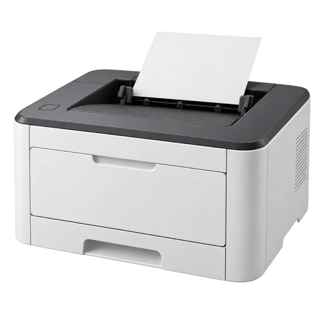 A white and dark gray printer has paper in its upper tray