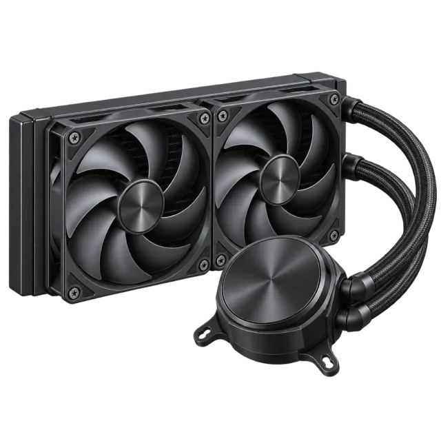 A dual-fan radiator connects by hoses to a round cooling block