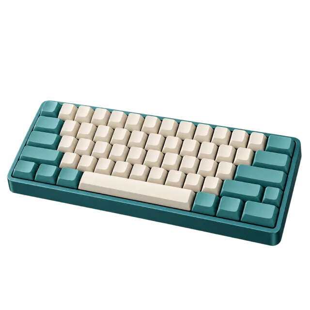 A compact keyboard has cream and teal keys