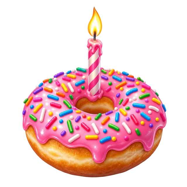 Pink frosted ring donut covered with rainbow sprinkles and topped with a lit candle on a transparent background
