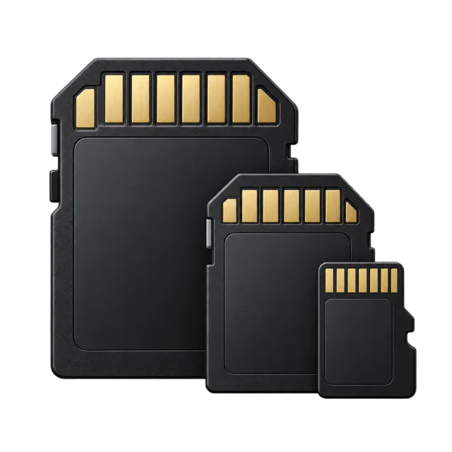 Three black memory cards show gold-colored contacts