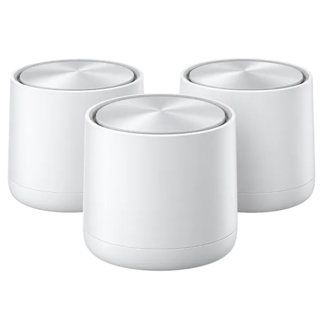 Three white cylindrical network units form a cluster