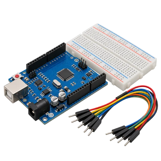 A blue controller board sits with a breadboard and colored jumper wires
