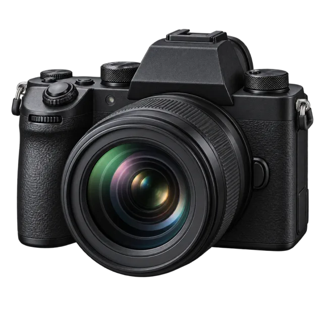 A black camera body has a large attached lens