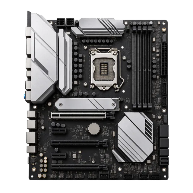 A black and silver motherboard shows a central processor socket