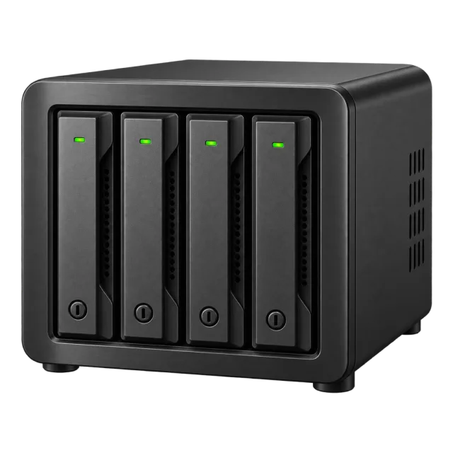 A black storage enclosure has four front drive bays