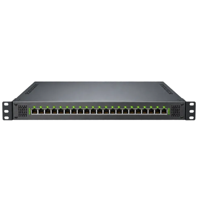 A slim rack-style network switch has a row of ports