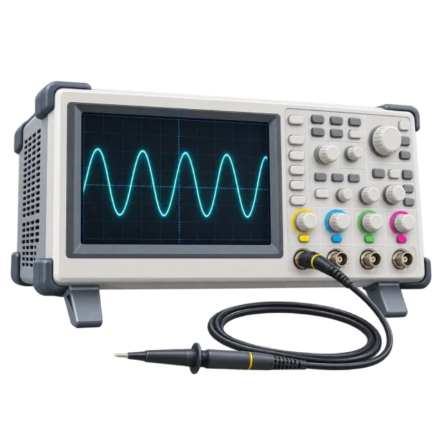 A gray oscilloscope displays a cyan waveform beside probe cables