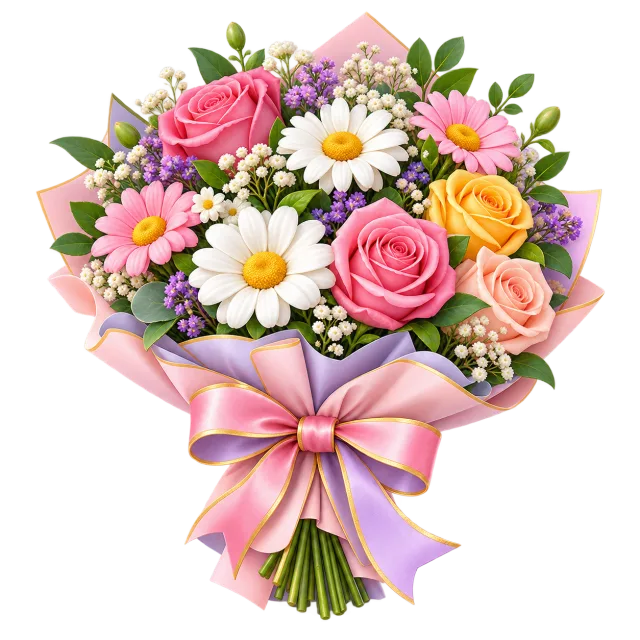 Bouquet of pink roses, white daisies and small colorful flowers wrapped in pink paper with a bow on a transparent background