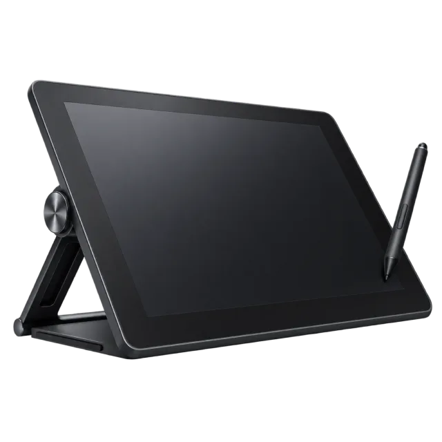 A dark pen display rests on a stand beside a stylus