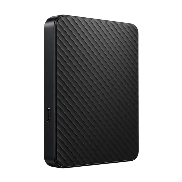 A slim black external drive has a diagonal textured surface