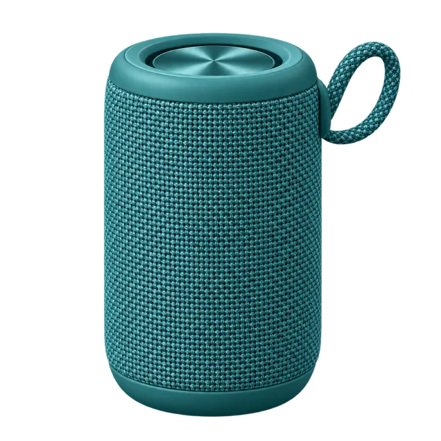 A teal cylindrical speaker has a fabric-style surface and loop handle