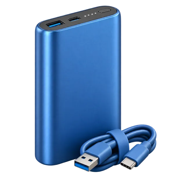 A blue power bank sits beside a short USB cable