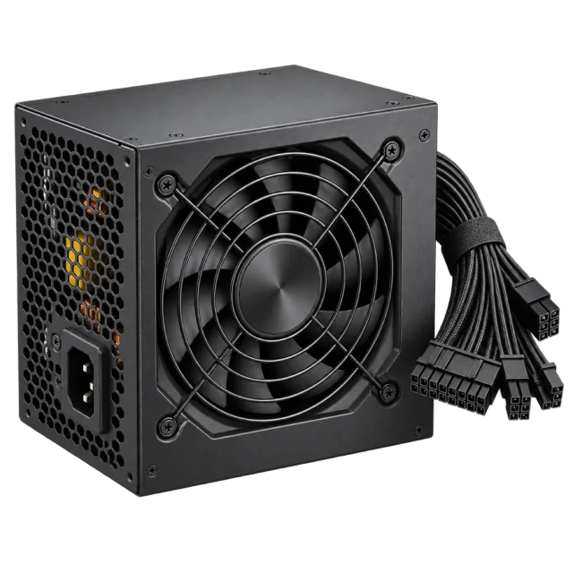 A black computer power supply has a fan grille and cables