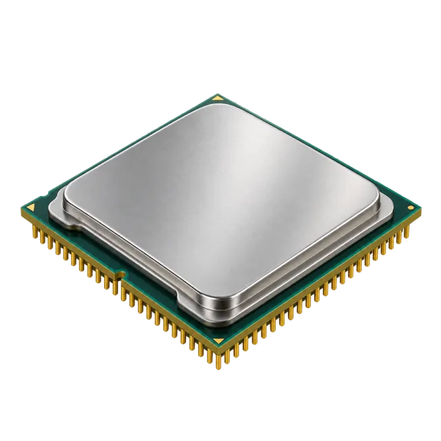 A square processor chip has a silver top and gold-colored pins