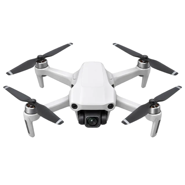 A white quadcopter has four dark propellers