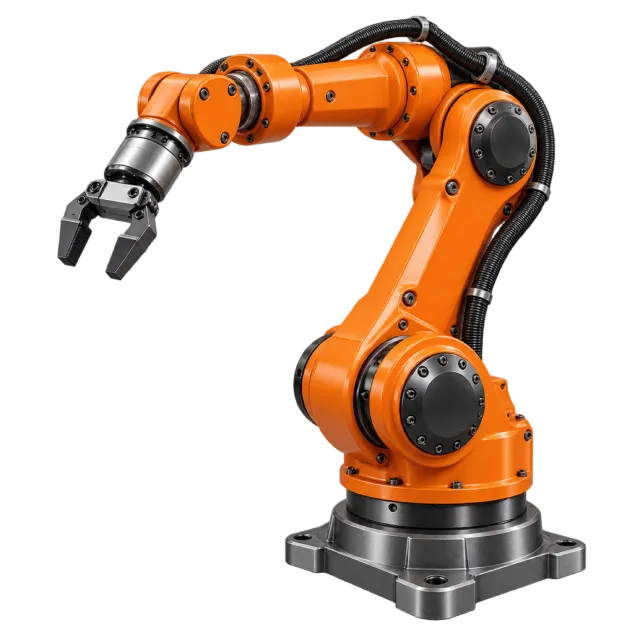 An orange industrial robot arm ends in a gripping tool