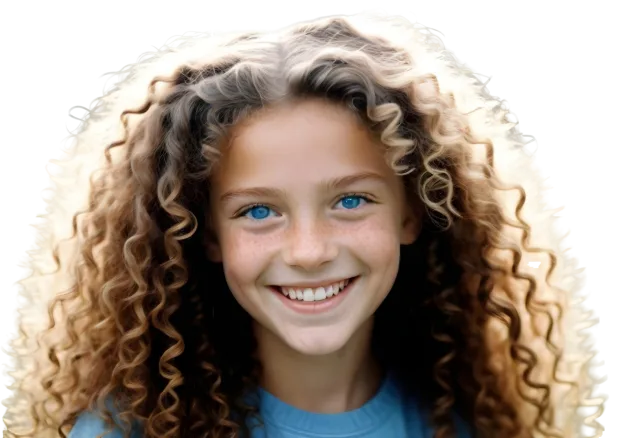 Smiling girl with long curly light-brown hair and a blue top on a transparent background