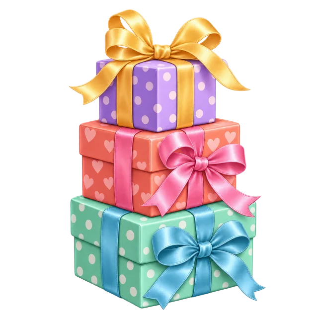 Three stacked gift boxes in teal, pink and purple with large decorative bows on a transparent background