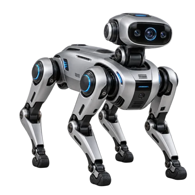 A silver and black four-legged robot has a camera-like head