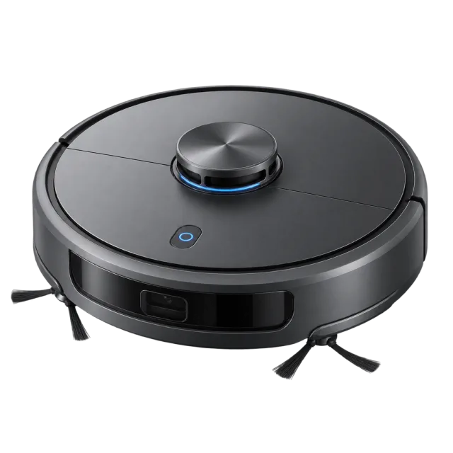 A black circular robot vacuum has a raised sensor turret