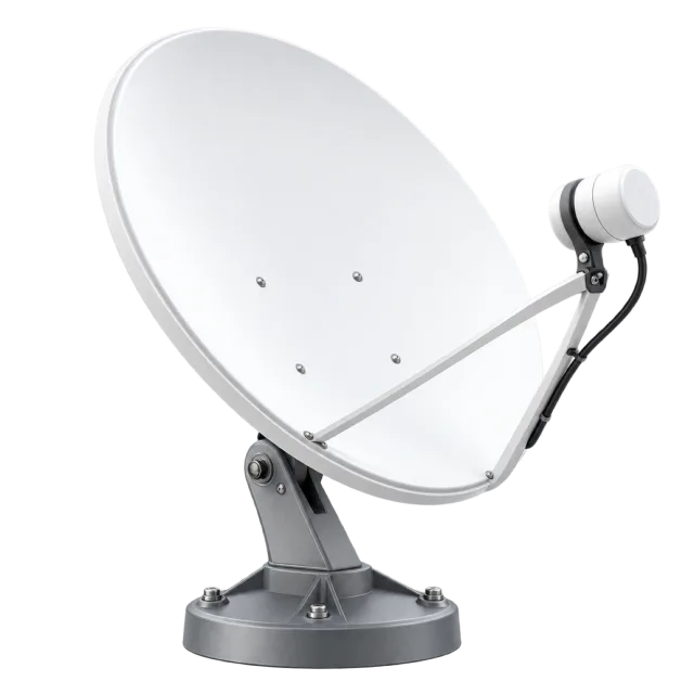 A white satellite dish rests on a metal bracket