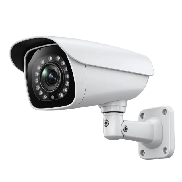 A white surveillance camera has a dark lens surround and wall mount