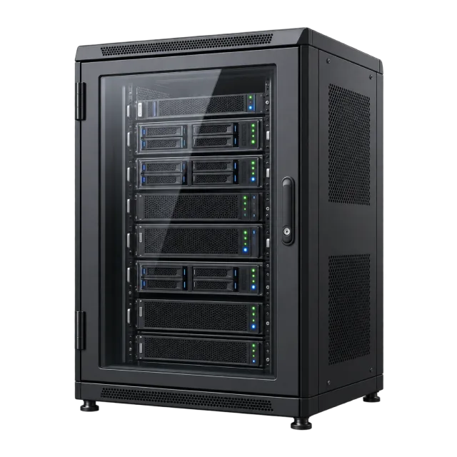 A black server cabinet has a glass-style front and stacked equipment