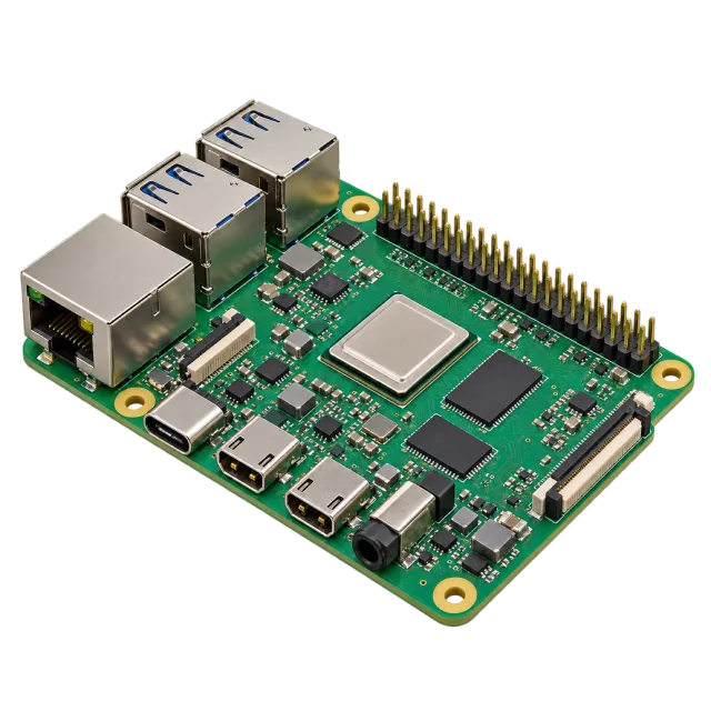 A green single-board computer has connectors and a central chip