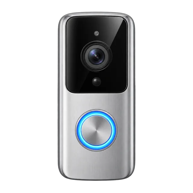 A slim silver doorbell has a camera and blue-lit button
