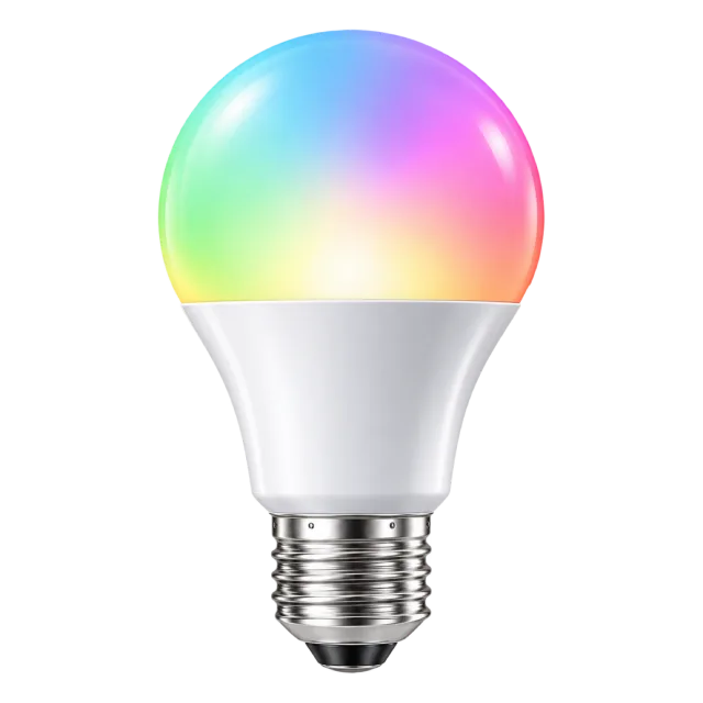 A white lightbulb has a rainbow-colored glowing dome