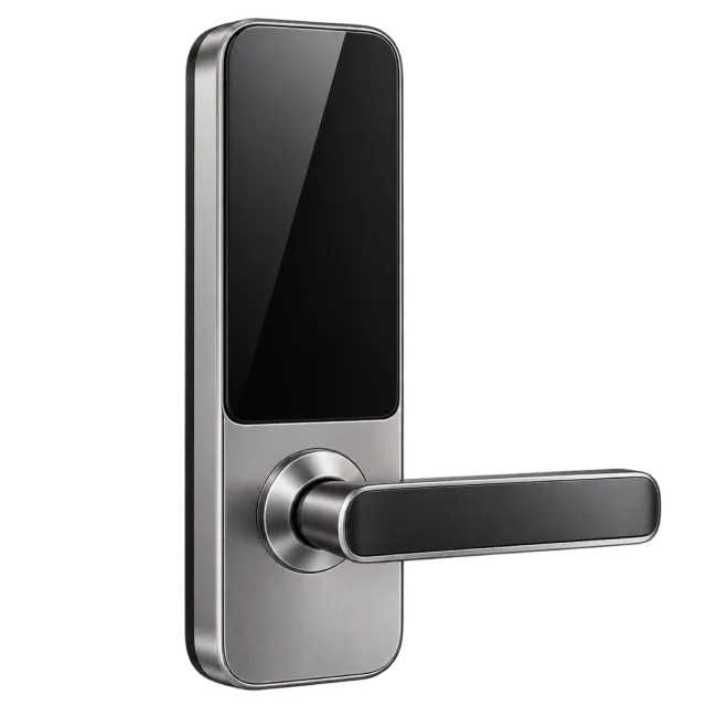 A dark electronic door lock has a silver lever handle