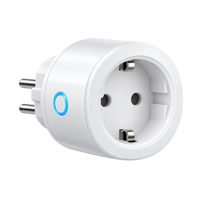 A white plug adapter has a circular socket and blue indicator