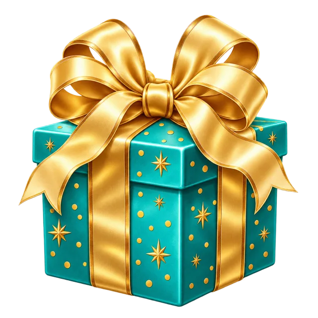 Teal gift box decorated with gold stars and wrapped with a large gold ribbon bow on a transparent background