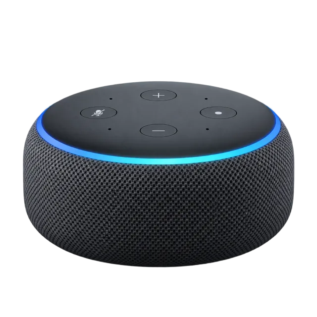 A small black round speaker has a glowing blue rim