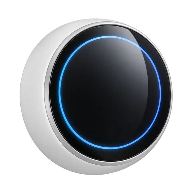 A round white thermostat has a black center and blue ring