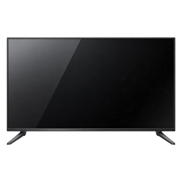A flat black television stands on two small feet