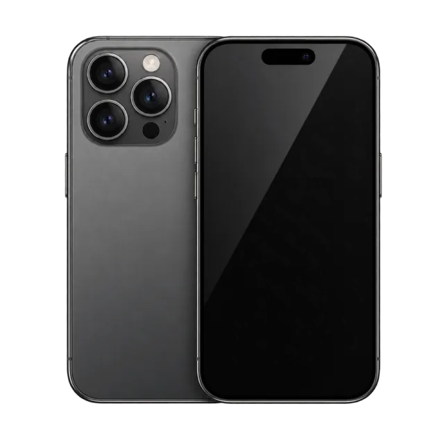 A dark smartphone is shown from front and back