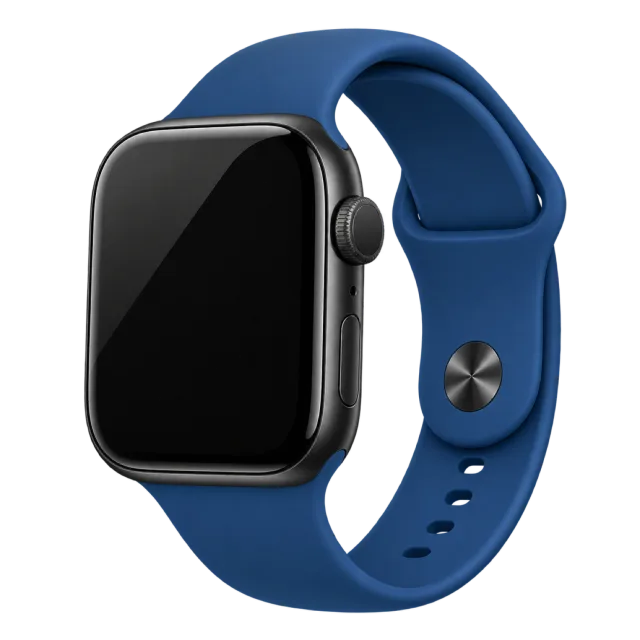A smartwatch has a dark screen and blue strap