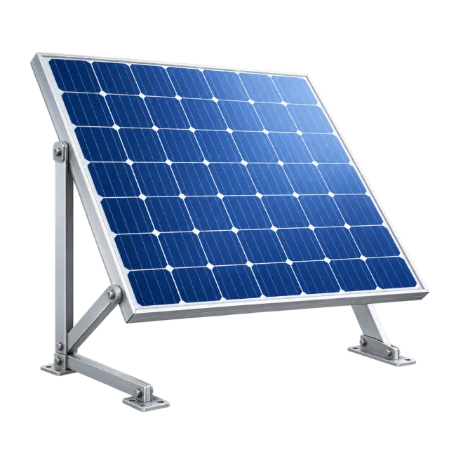 A blue solar panel stands on angled gray supports