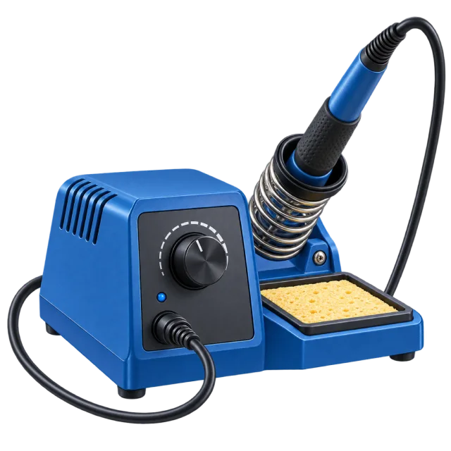 A blue soldering station has a coiled holder and iron