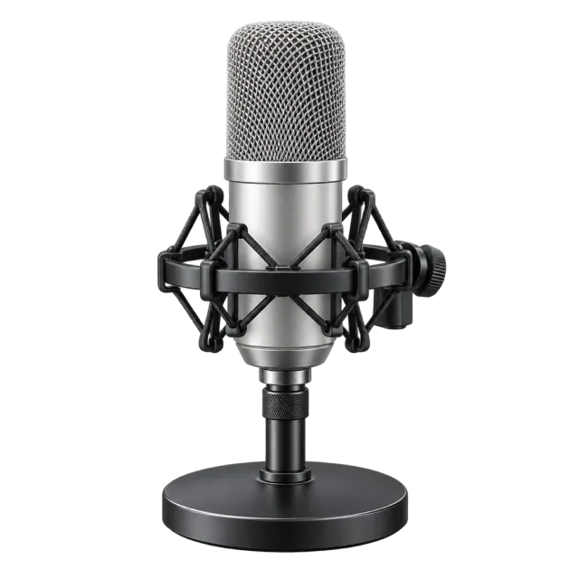 A silver microphone stands in a black shock mount
