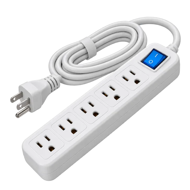 A white power strip has multiple sockets and a blue switch