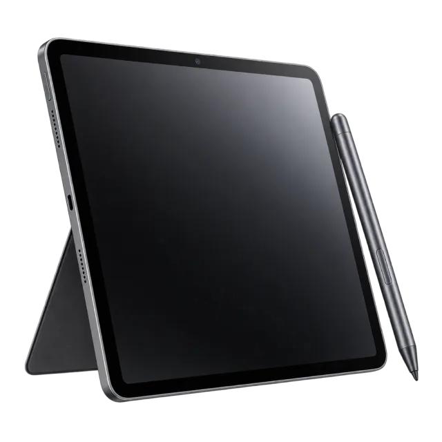 A black tablet rests in a stand beside a stylus