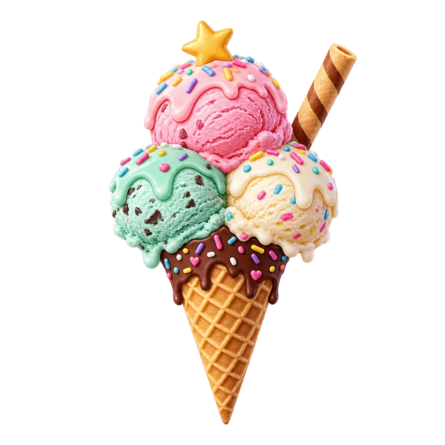 Waffle cone with colorful ice cream scoops, sprinkles, a wafer stick and a gold star on a transparent background
