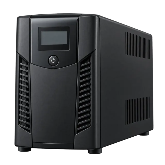 A dark backup-power unit has a small front display