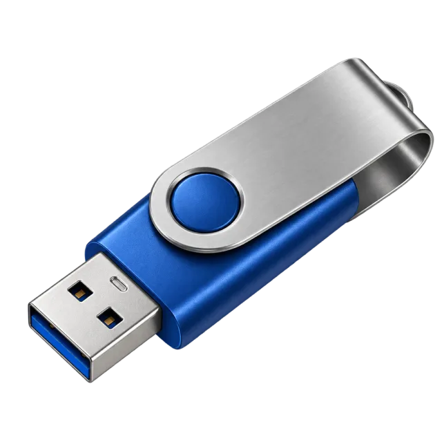 A blue USB flash drive has a swivel silver cover