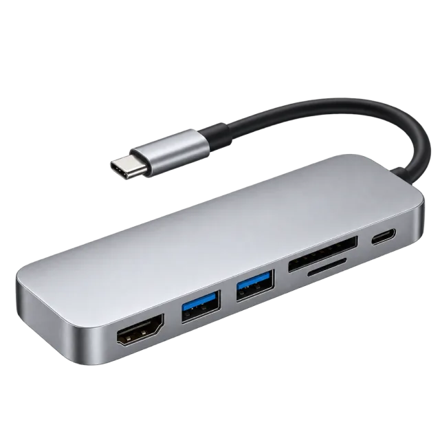 A silver multiport hub has a short connector cable